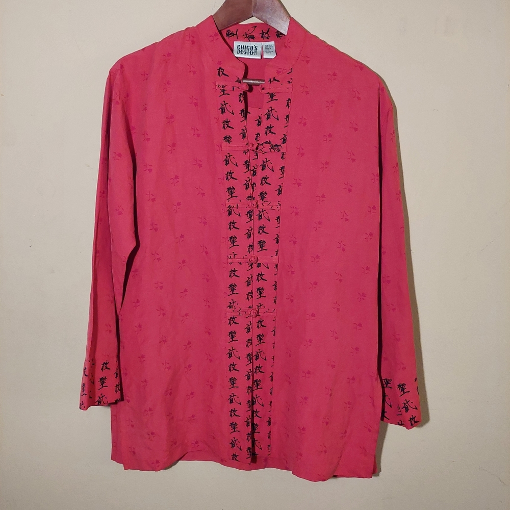 Chico's Asain inspired silk linen red tunic long sleeve top. Size small